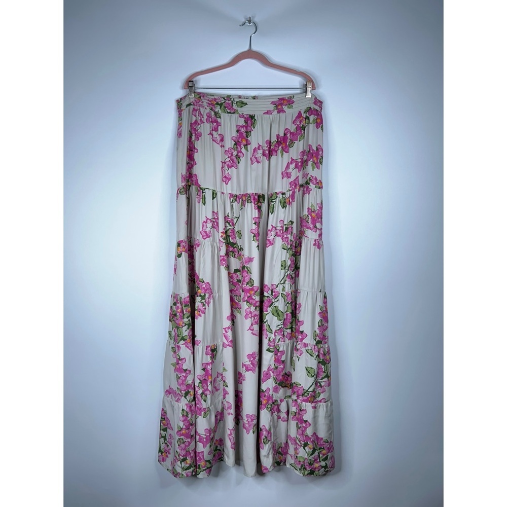 Natalie Martin Silk Floral Jasmine Maxi Skirt Pink Cream Green Tiered XL